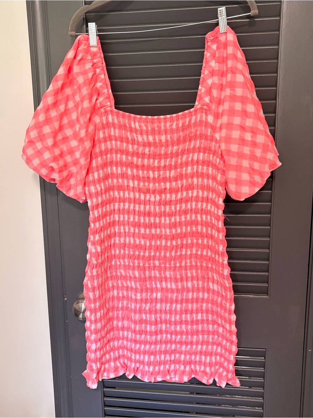 Free the Roses Coral Gingham Smocked Mini Dress